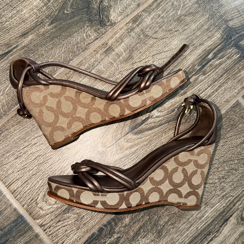 Coach Brown Signature Canvas Wedge Sandals with Braided Leather Straps